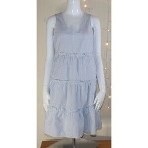 J Crew Seersucker Ruffle Tiered Mini Dress Blue White Striped Prairie Size 00